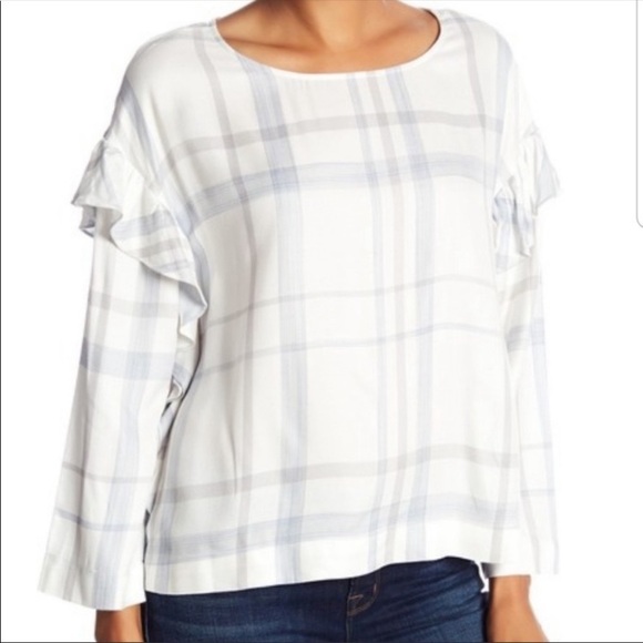 Vince Camuto Blue and White Plaid Popover Blouse - Picture 1 of 10